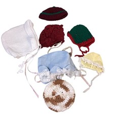 Lot Of 7 Baby Doll Bonnets Hats Crochet Knit Lace Trim Various Styles Colors