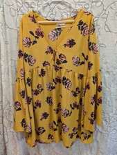 Urban Outfitters Mustard Yellow Floral Peasant Dress Tunic Bell sleeves Sz L