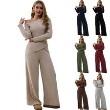 Womens 2Pcs Outfits Sets Casual Long Sleeve Off Shoulder Wide Leg Pant Tracksuit