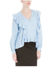 Max Studio London Womens Blue Ruffled Knit Long sleeve Blouse Sz XL