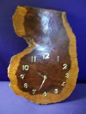 Mid-Century Modern Burl Wood Slab Lacquered Clock Handmade   17x12 1/2 in  NICE