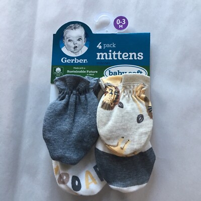 Gerber 4 Pack Baby No Scratch Cotton Mittens 0-3 Months Brand New