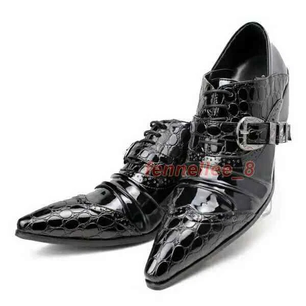 Mens Real Leather Pointed Toe Pull on Block Heels Metal Fashion Casual Shoes