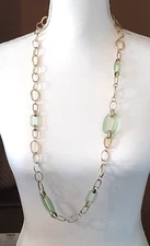 Vintage Charming Charlie 34" Gold Tone Large Discs Transparent Green Necklace