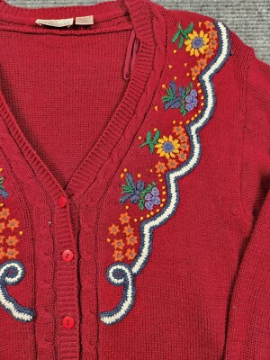 Vintage Womens Cardigan Sweater Flower Details Floral Embroidered