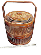 Chinese Wedding Basket Cricket Cage Carved Handle 2 Tier Bamboo 8" Fine Antique