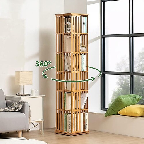 360 Rotating Bookshelf Bamboo Storage Display Rack Shelving in Wood - Picture 4 of 7