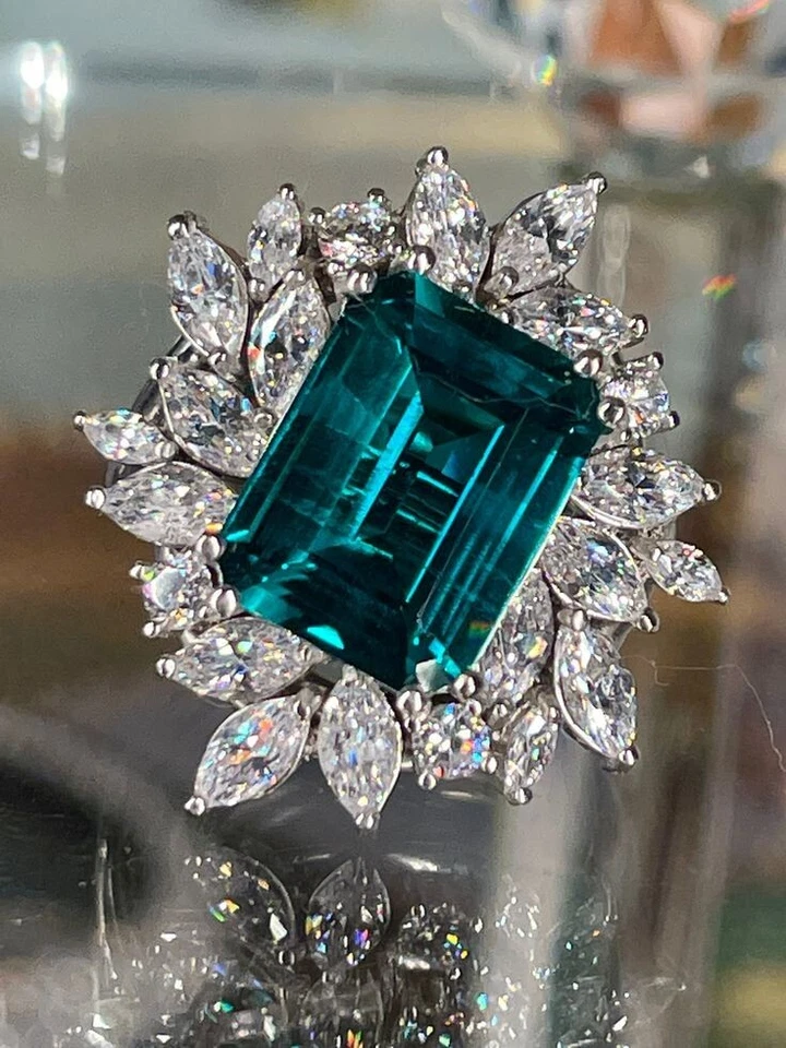 Anillo de fiesta de boda real para mujer 11,78 TCW verde azulado esmeralda y zafiro blanco Foto 2 de 4