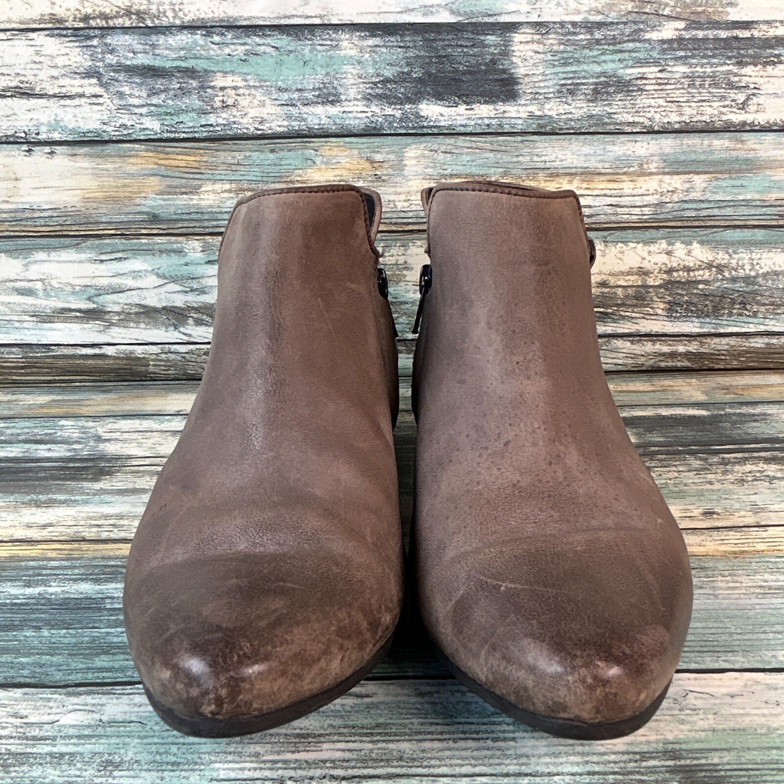 Paul Green Ankle Booties Womens 6.5 Distressed Brown Leather Low Block Heel Zip