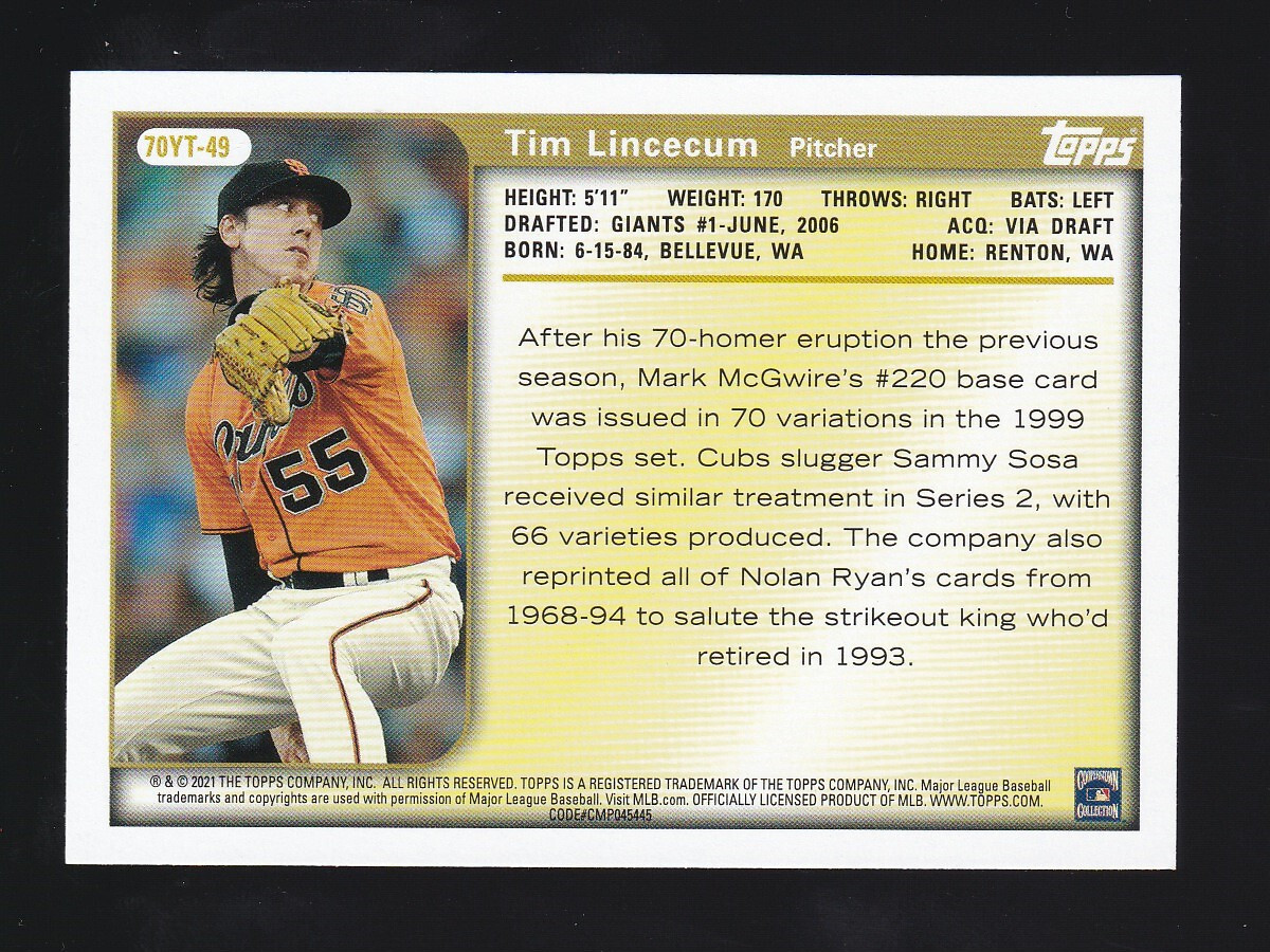 2021 Topps Series 2 #70YT-49 TIM LINCECUM 70 Years Of Topps 