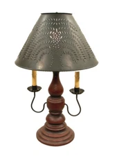 BARN RED & BLACK RUB LAMP Wood & Wrought Iron with Punched Tin Willow Shade USA