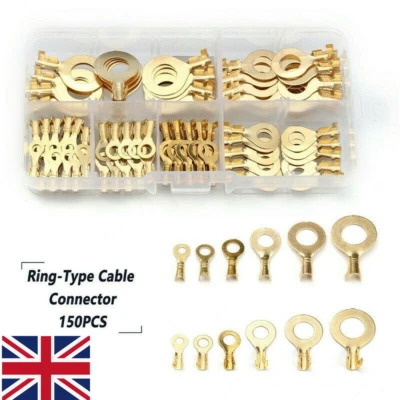 150x Insulated Crimp Copper Ring Terminals Wire Connectors Spade Electrical Kit