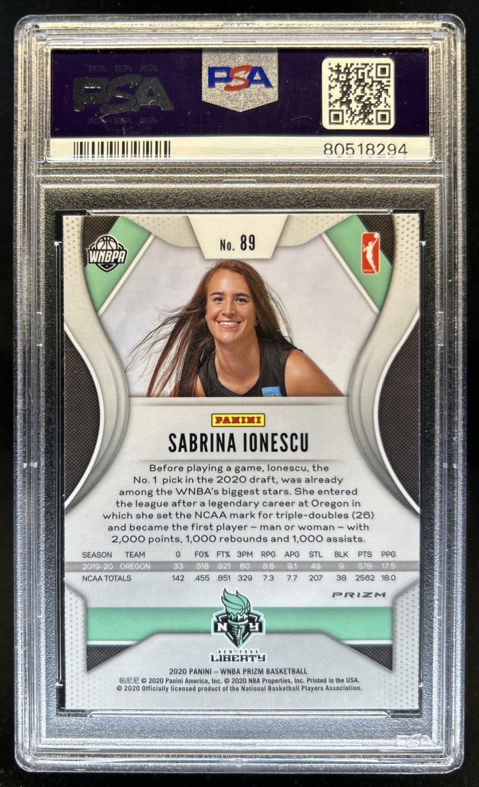 2020-21 Panini Prizm WNBA Sabrina Ionescu RC Hyper Rookie #89 Liberty PSA 9 view 2