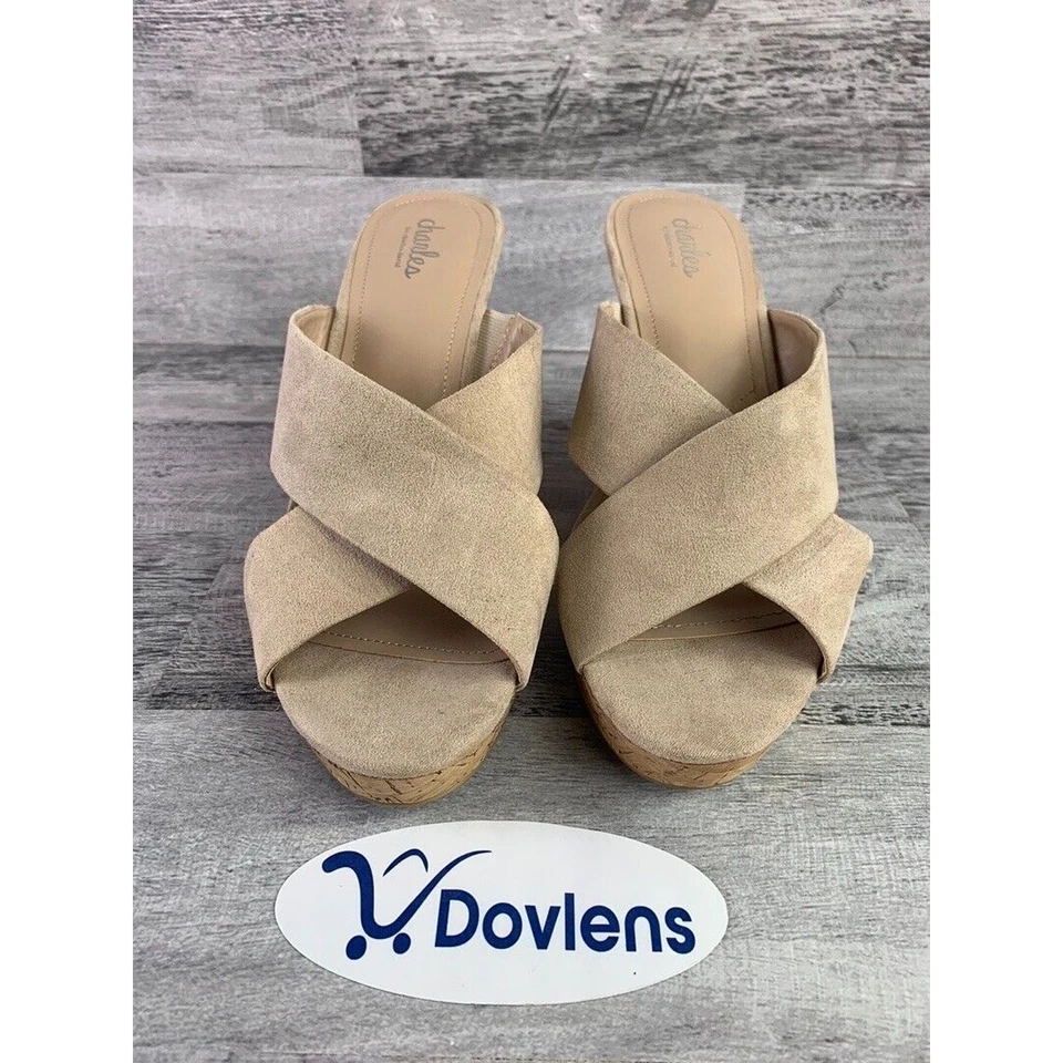 Sandalias de cuña Charles David para mujer talla 11M beige gamuza con plataforma de corcho Foto 2 de 4