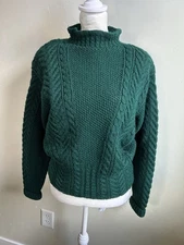 Woolies Hand Knit Sweater Women’s M Green 100% Wool Cable Knit Mock Neck Chunky