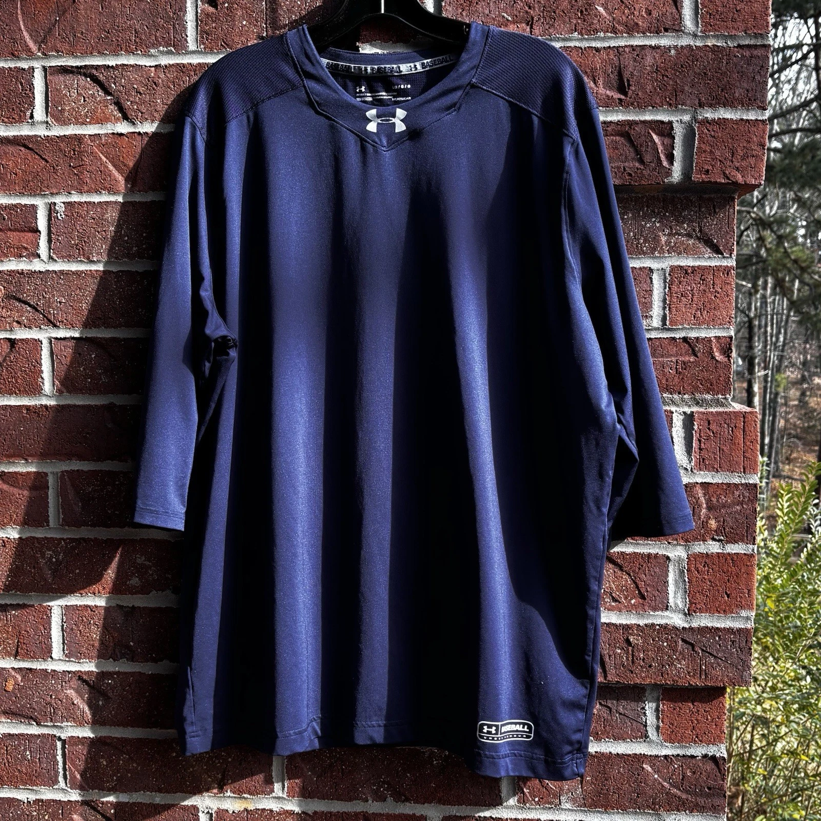 Under Armour Midnight Blue Baseball Shirt White UA Logo 3/4 Sleeve Size Large