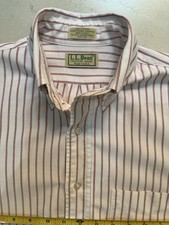 LL BEAN Long Sleeve Oxford Shirt Cotton Red White Stripe Sz 15.5 33 Made in USA