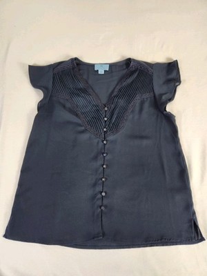 CeCe Blouse S Women Navy Pleated Lace Trim Button Front Cap Sleeve Top