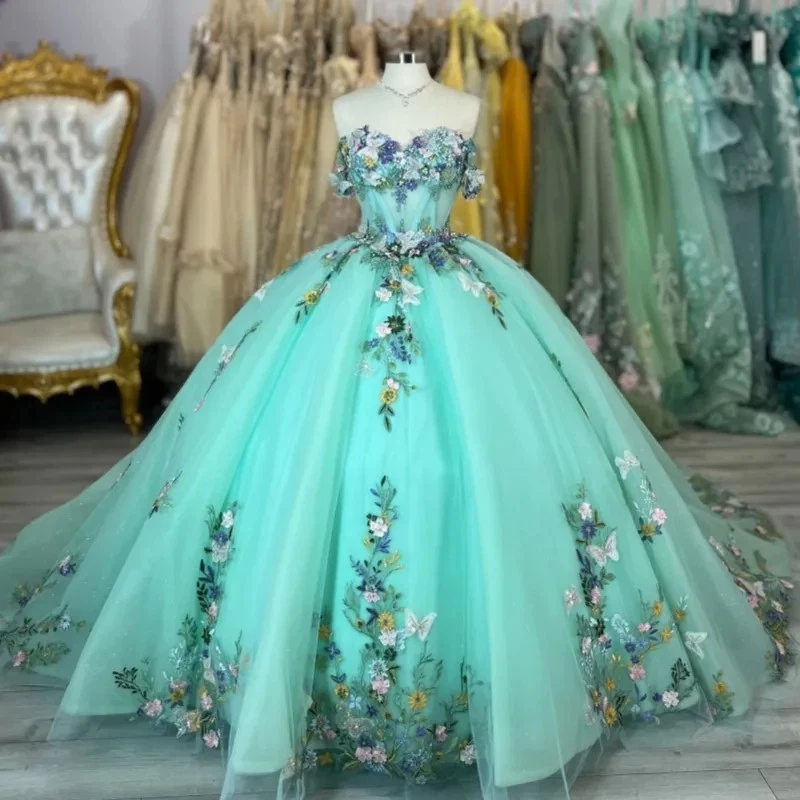 Vestidos de Quinceañera Verde Princesa Dulce 15 16 3D Flores Mariposas Vestidos de Baile Foto 3 de 4