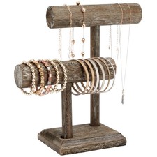 Rustic-Style 2-Tier Jewelry Organizer Stand, Wooden T-Bar Jewelry Holder, 8x4x9
