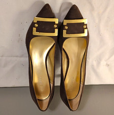 Nine West Women s Brown/Gold Synthetic Pointed Toe Slip-On Stiletto Pumps 6B