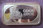Good Luck w/Leprechaun & Pot of Gold  RARE  1 Troy Oz. .999 Fine Silver Art Bar