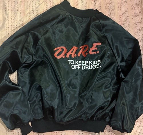 Vintage 90s DARE Satin Bomber Jacket Xl Black USA Zip D.A.R.E. Retro Nostalgia