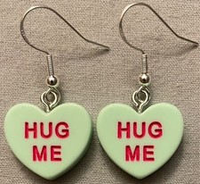 HUG ME GREEN CONVERSATION HEART EARRINGS - Resin w/SS Ear Wires VALENTINE'S DAY