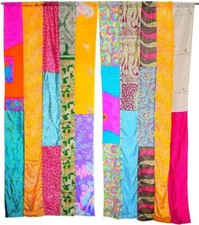 2 Pcs Indian Sari Patchwork Curtain Drape Window Decor Multi Silk Sari Curtain