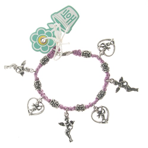 HOTI Pink Hemp Handmade Cupid Charm Bracelet Ladies Love Heart Angels Metal NWT - Bild 2 von 2