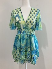 Zara Women Sheer Chiffon Green Blue Ruffled Mini V-Neck Women Dress Size Medium