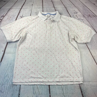 Linea Uomo LU Mens Flamingo Print White Short Sleve Polo Shirt Sz Large
