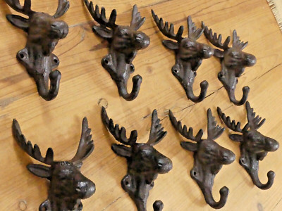 8 Rustic Elk Deer Moose Head Hooks Cast Iron Coat Hook Rack Restoration Hat 