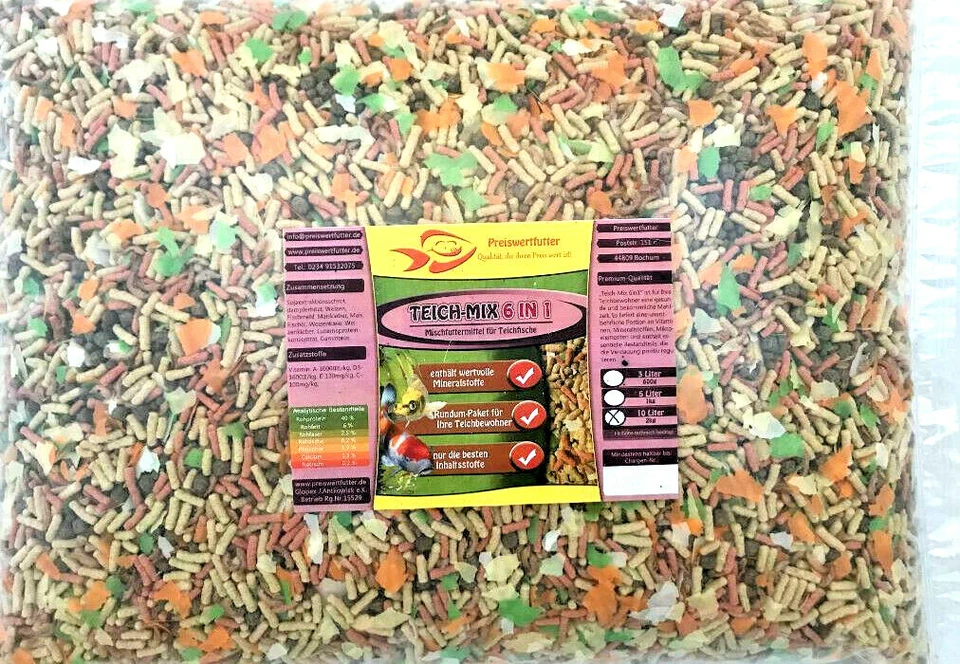 Teich-Mix 6in1 Koi 2 kg Futter 10 Liter BEUTEL Flocken Pellets Sticks Gammarus
