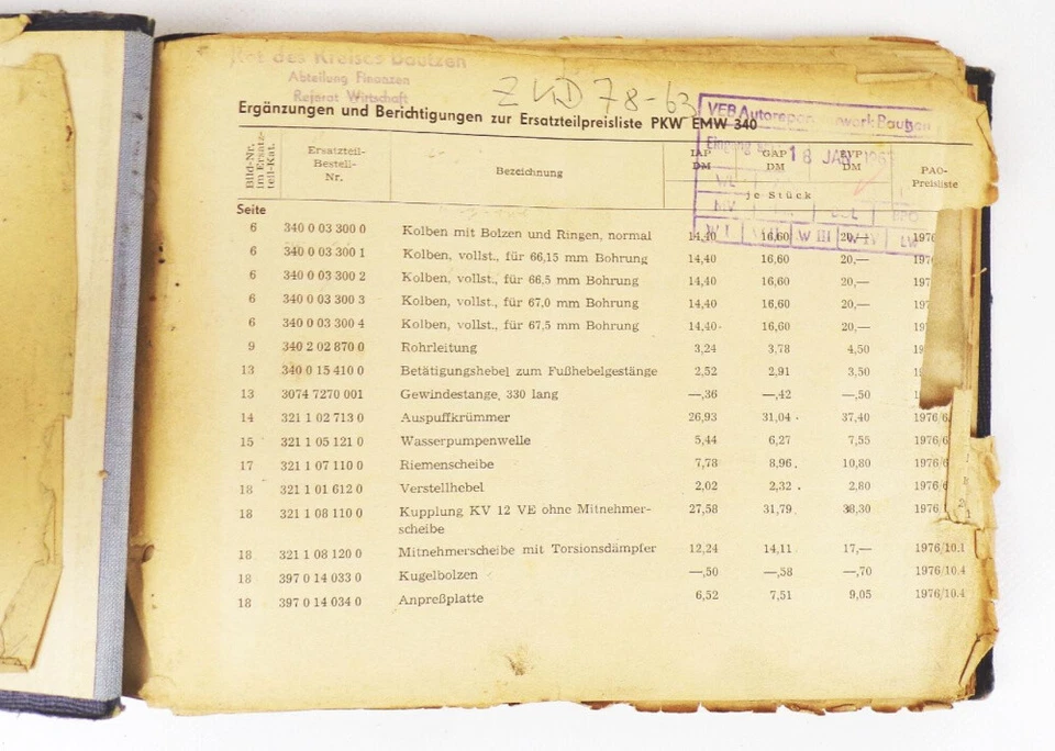 Alte Ersatzteil Preisliste PKW EMW 340 VEB Automobilwerk Eisenach - Bild 4 von 4