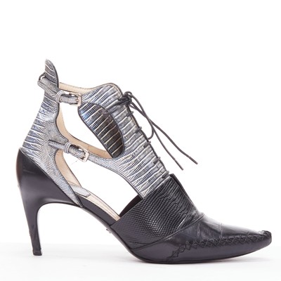 DIOR Raf Simons Runway metallic blue black scale embossed cut out booties EU36