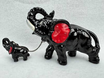 Vintage Black Elephant Figurine Mom with Baby on Chain
