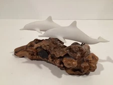 Vintage John Perry 2 White Dolphins Sculpture On Drift Wood Burl Base.1970’x.