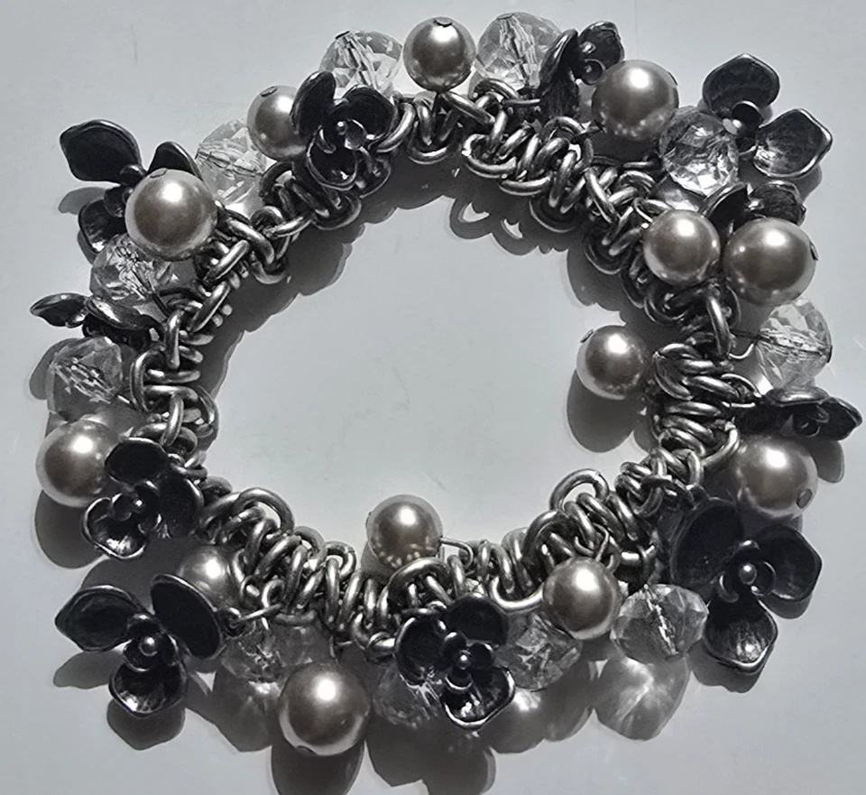 Pulsera elástica Chico de colección tono plateado flor transparente perla cuentas clanky racimo Foto 4 de 4
