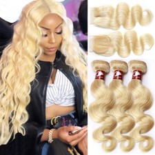 Extra Thick 613 Blonde Brazilian Virgin Human Hair Weave 3BUNDLES  CLOSURE Weft