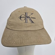 Vintage Calvin Klein Strapback Dad Hat Cap CK Logo Cotton Beige OS Made in USA