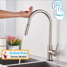Brushed Sensor Touch on Kitchen Faucet Pull Down Sprayer Swivel Sink Mixer Tap