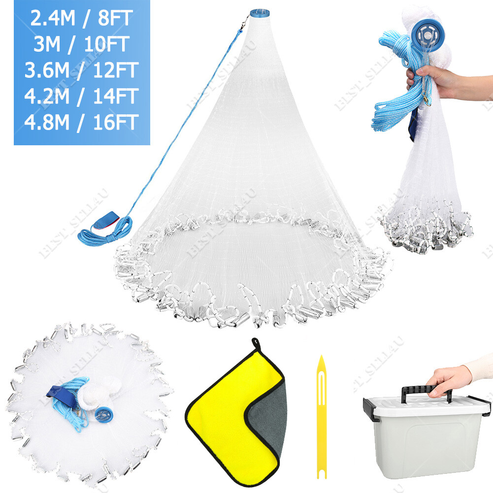 8-16ft Throw Fishing Cast Net for Bait Fish Shrimp Trap w/ Needle