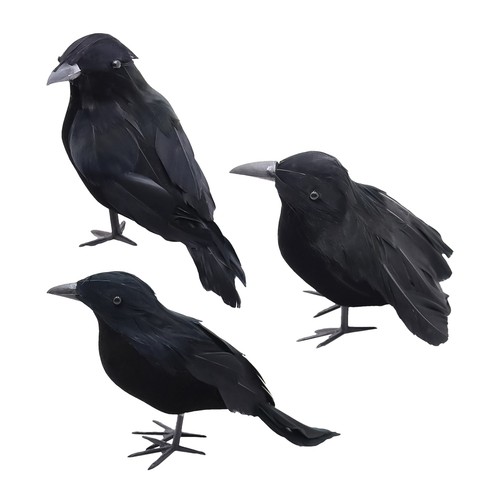 3PCS Halloween Feathered Crows Decor Realistic Raven Birds Halloween Prop Decor