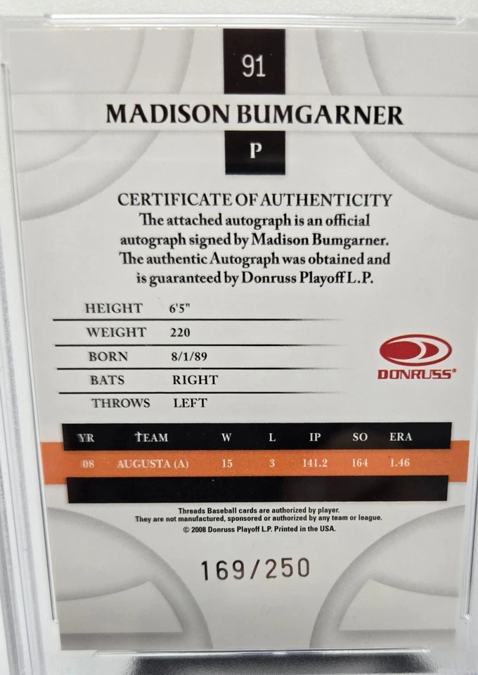 2008 Threads GOLD REFRACTOR AUTO - MADISON BUMGARNER Rookie Card /250 PSA 9 MINT - Image 2 of 2