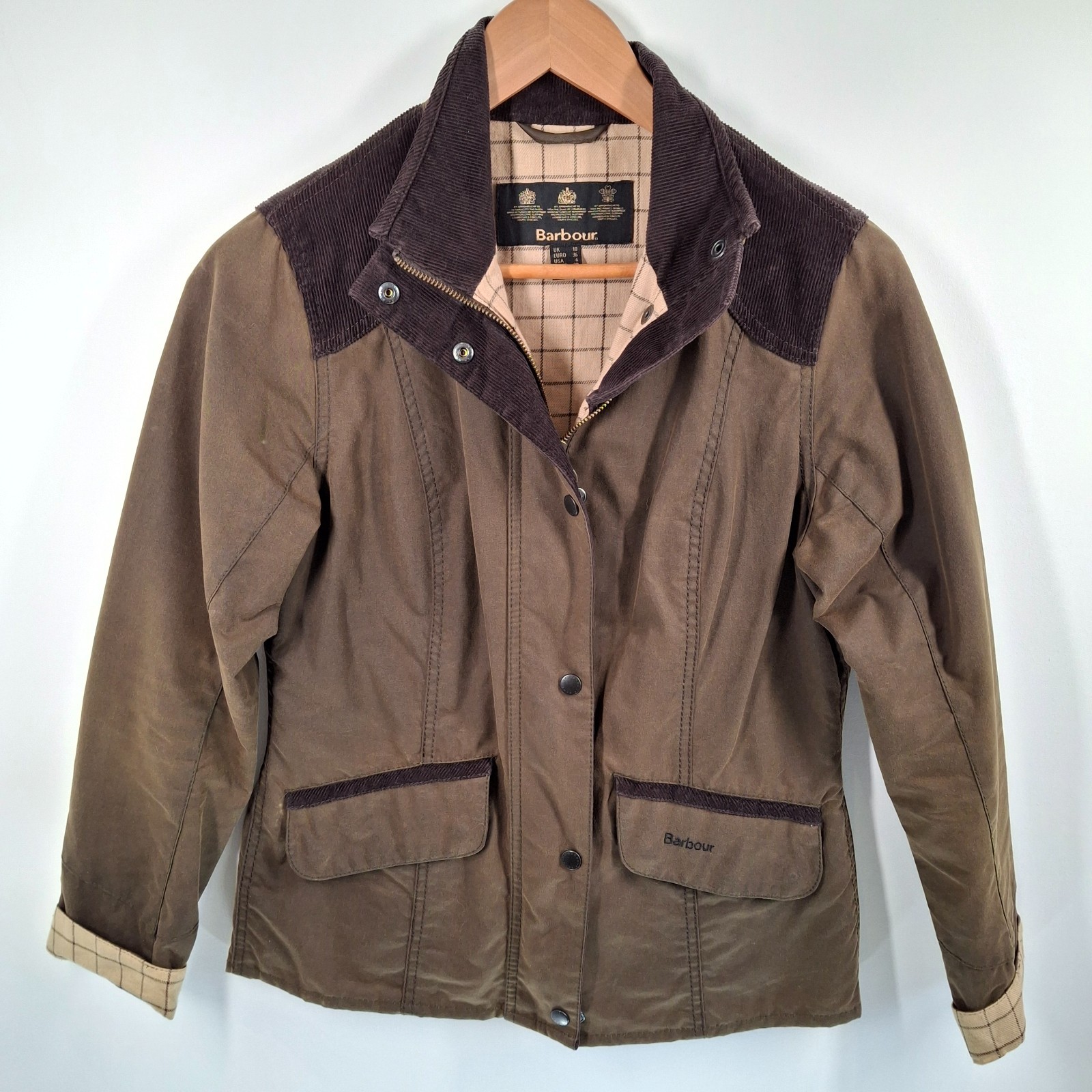 Barbour Isleham Wax Jacket Women's UK 10 Brown Corduroy Collar and Shoulders