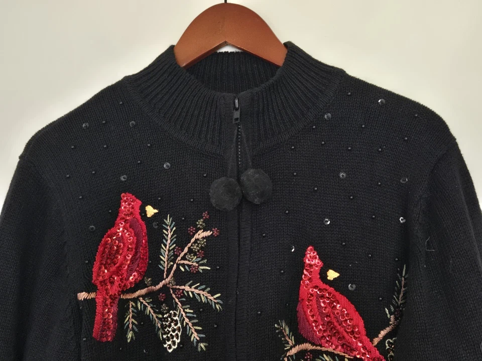 Quaker Factory Sweater Womens L Black Cardigan Cardinal Sequin Bird Tassled Zip - Image 2 of 4