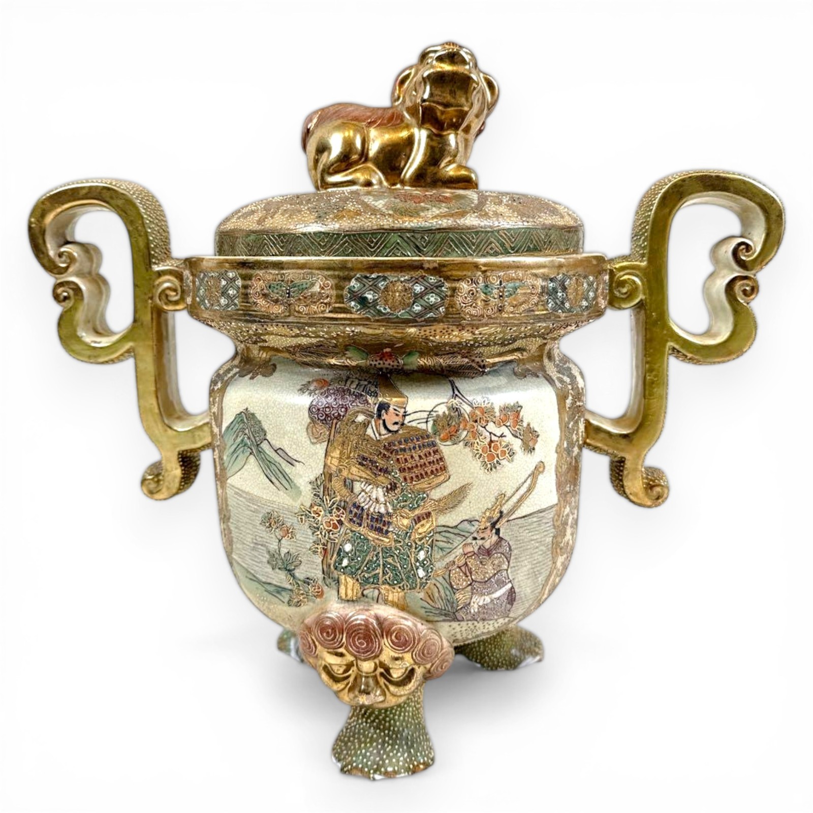 Satsuma Pottery Incense Burner Meiji Era Japanese Antique Shishi Samurai 15.3 in