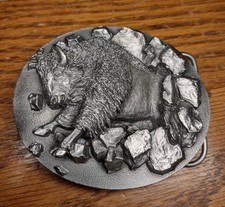 Vtg Bergamot Belt Buckle Buffalo Bison Bursting Thru Rocks 3D 1994 Big Western