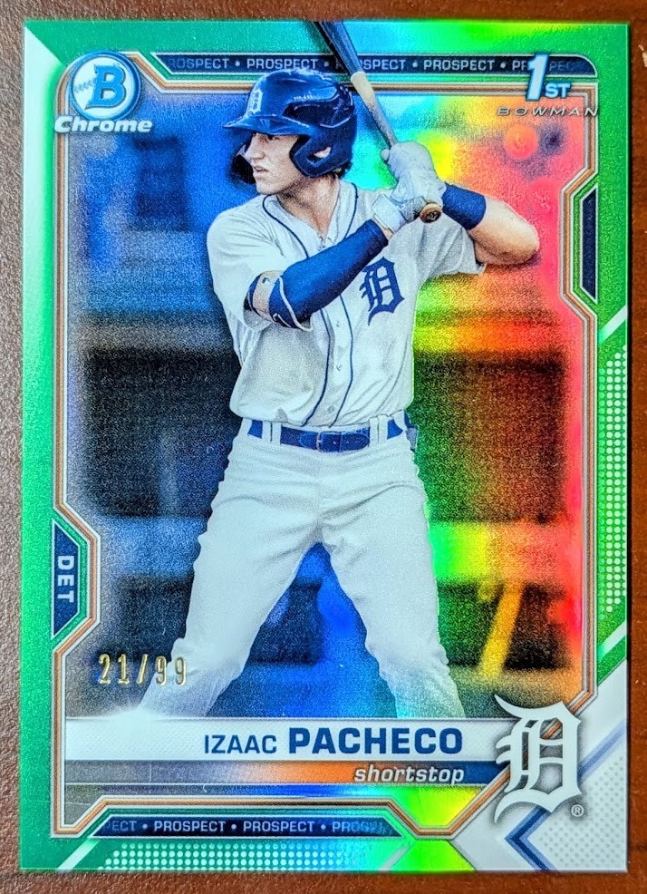 Izaac Pacheco 2021 Bowman Draft Chrome 1ST GREEN Refractor /99 Tigers #BDC-46